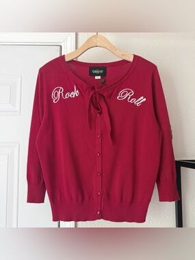NWOT Collectif Red 'Rock & Roll' Tie-Neck embroidered‎ Cardigan Cotton Sweater